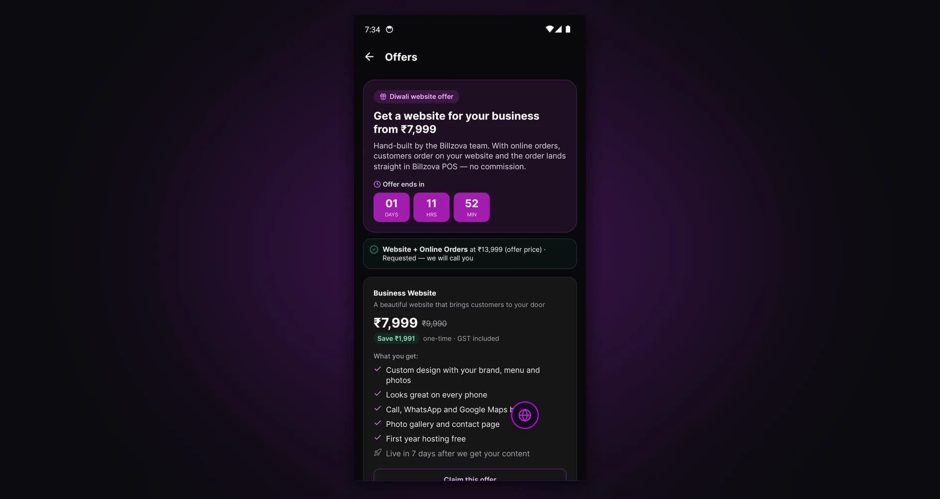 Get a website screen in the Billzova Android app with website plans and the offer countdown