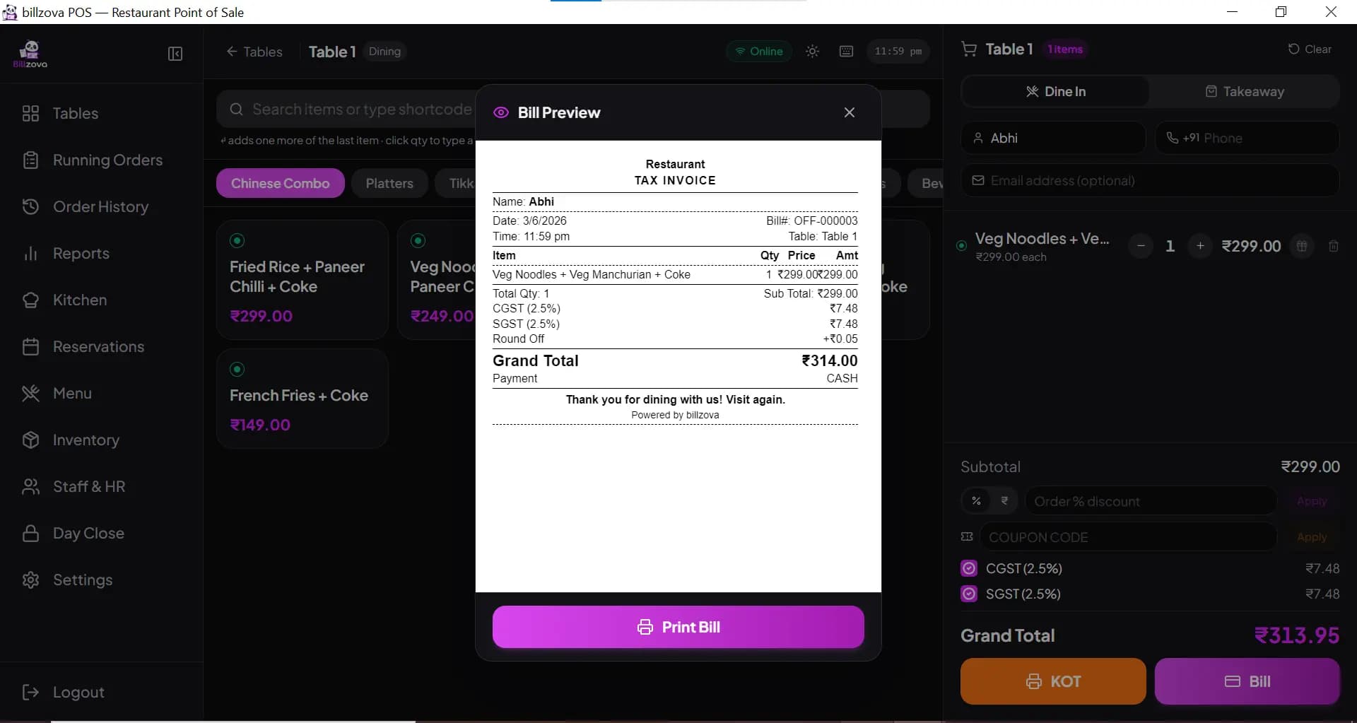 Restaurant GST bill preview in billzova POS: tax invoice with CGST 2.5% and SGST 2.5%