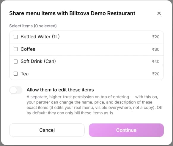 billzova shared menu food court QR ordering