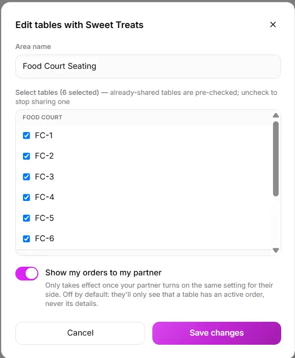 billzova shared tables food court QR ordering
