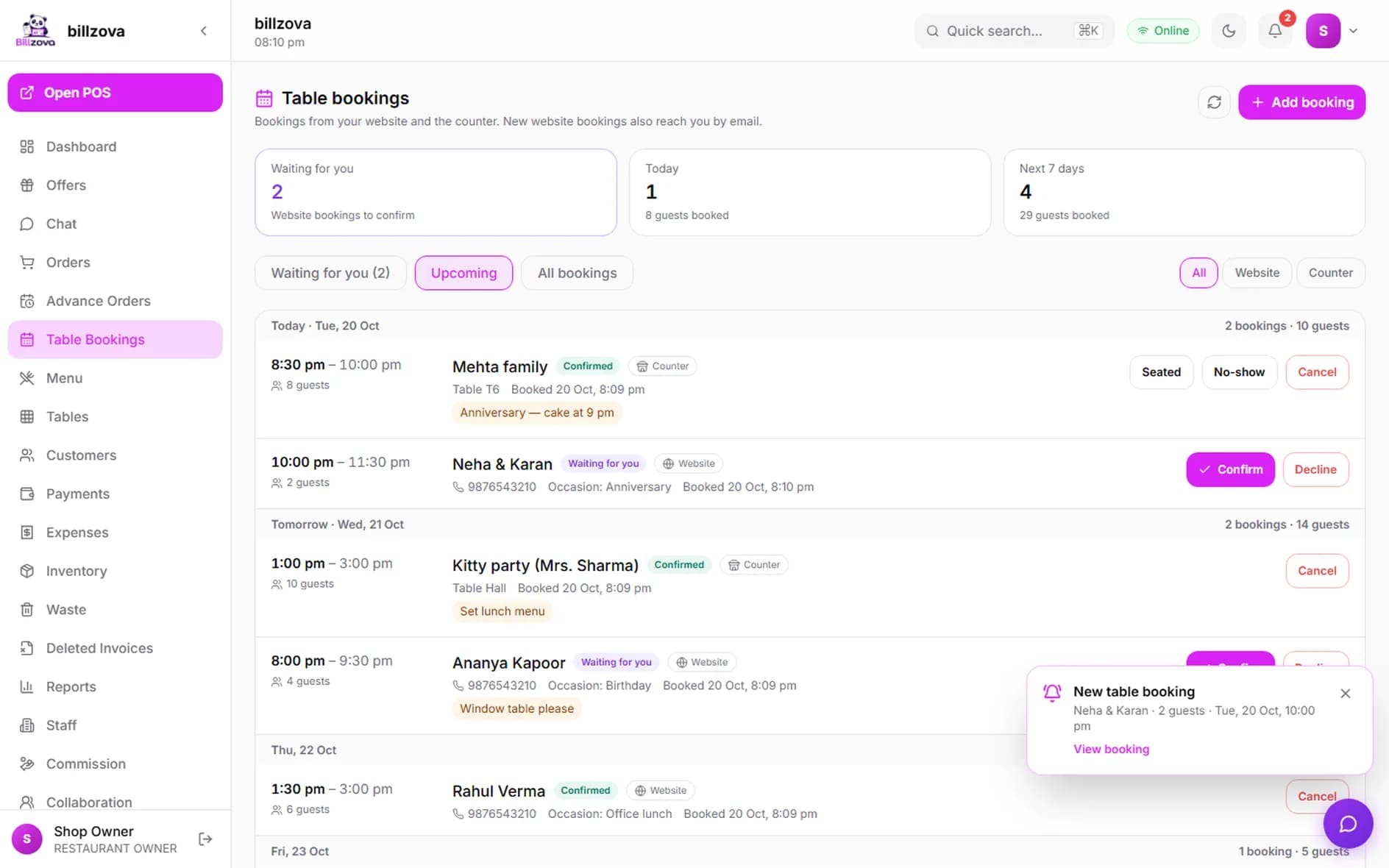 Billzova dashboard Table bookings page with a "New table booking" pop-up and the bell showing two waiting