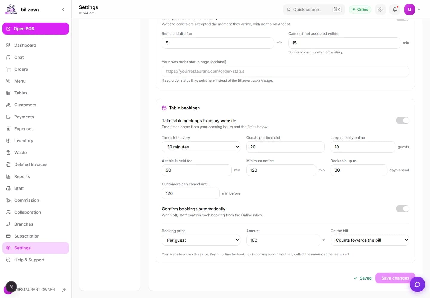 Billzova dashboard settings for direct online orders — pincodes, minimum order and pickup or delivery