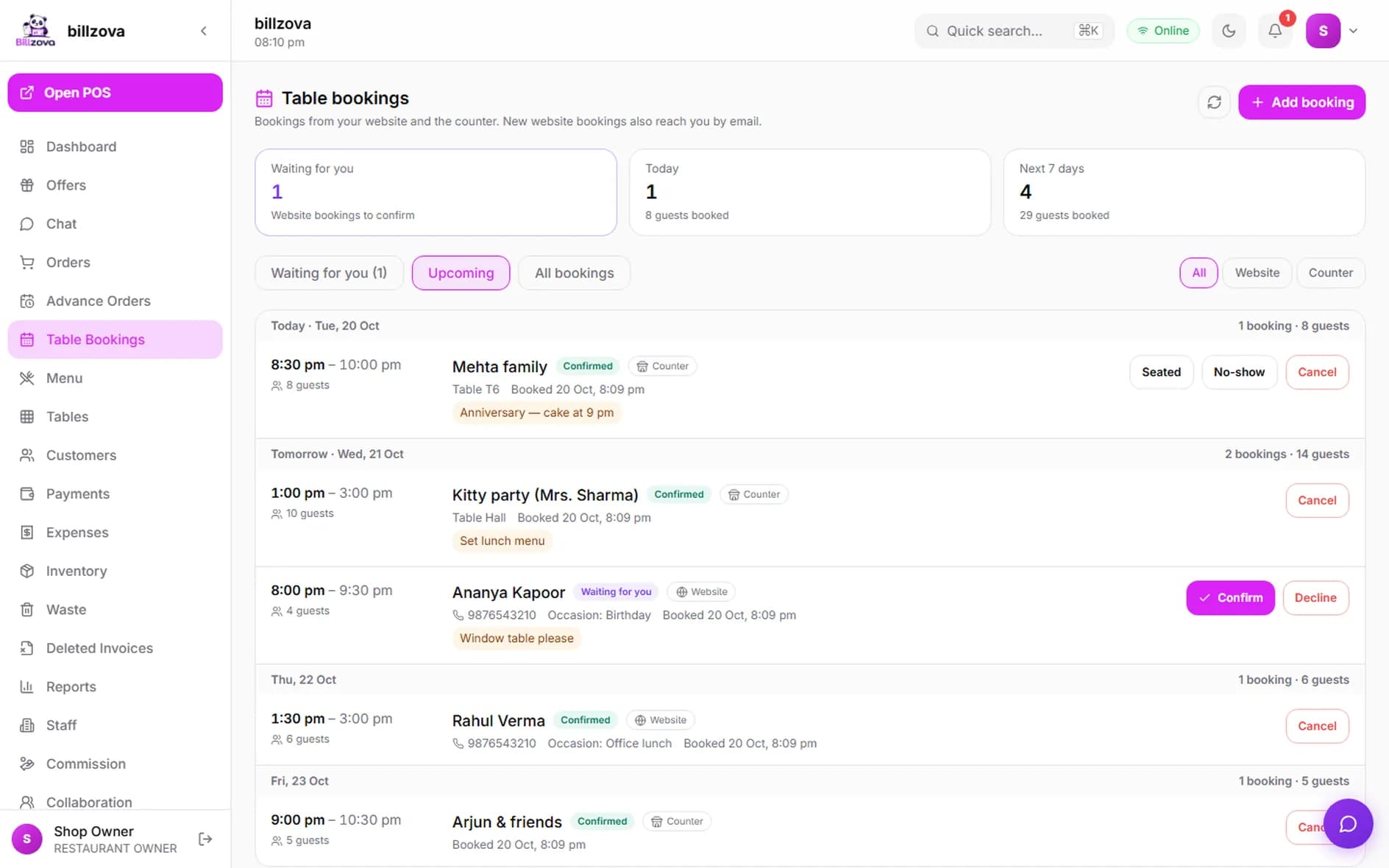 Billzova dashboard Table bookings page with website and counter bookings by day