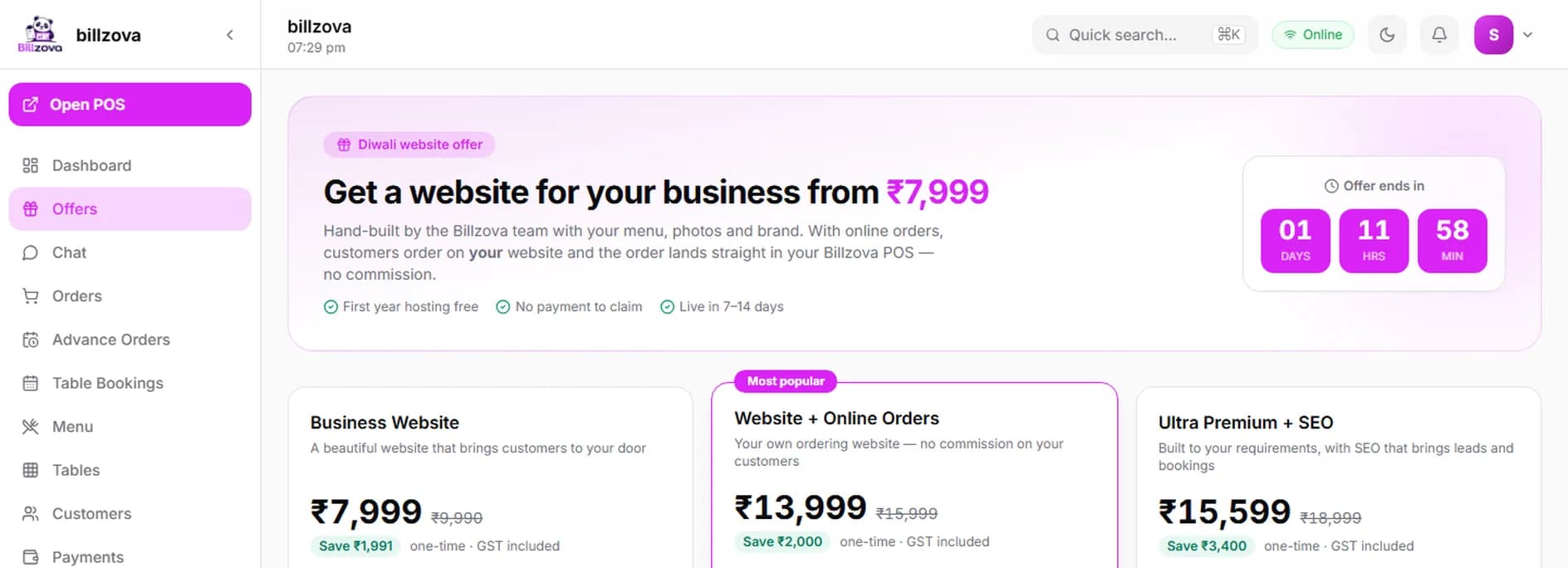 Billzova dashboard Offers page showing the three website plans with offer prices and a countdown