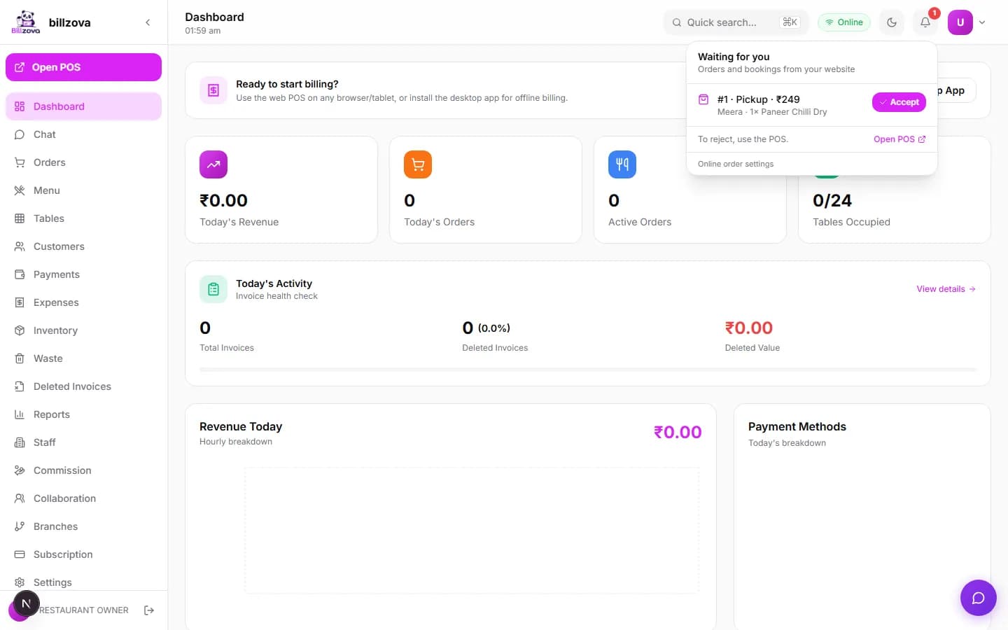 Billzova owner dashboard alerting a new direct order from the restaurant's own website — no commission taken