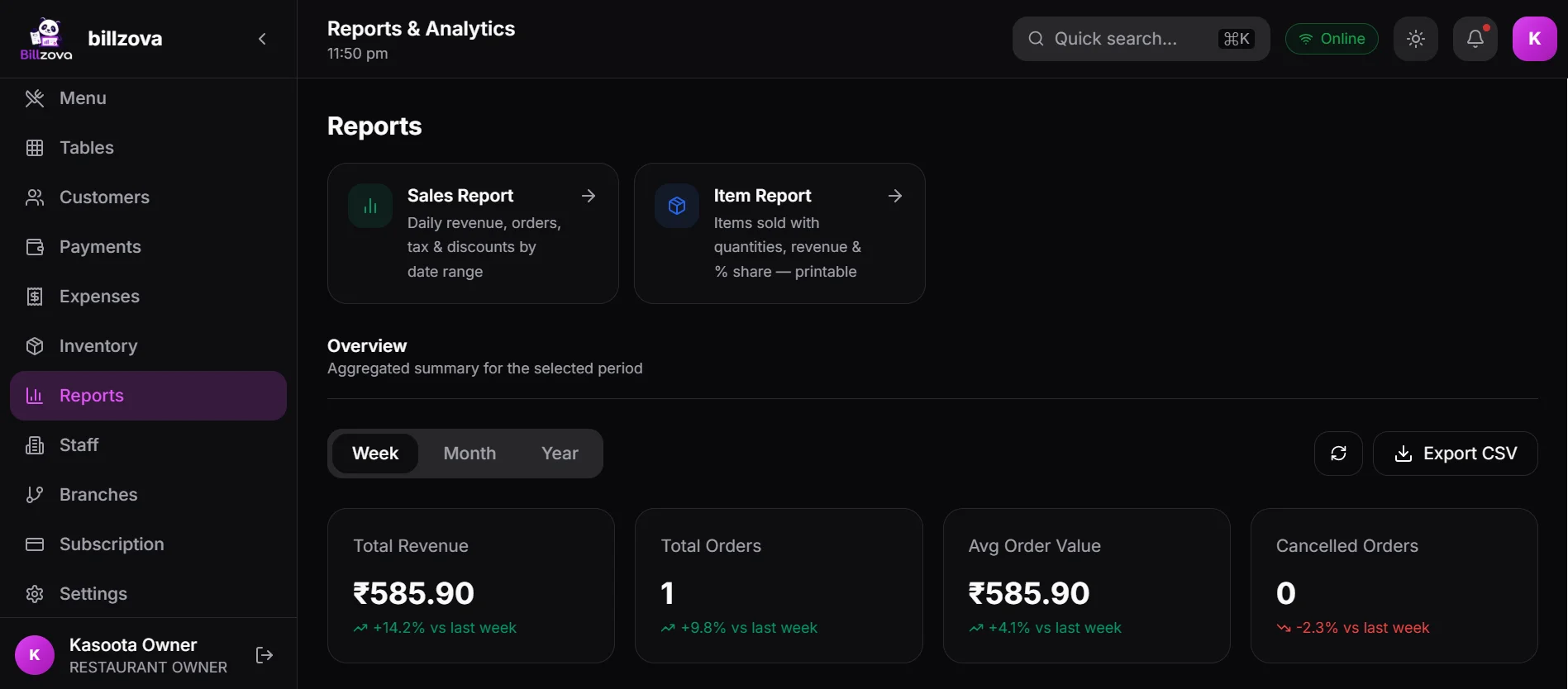 billzova day close Z report India