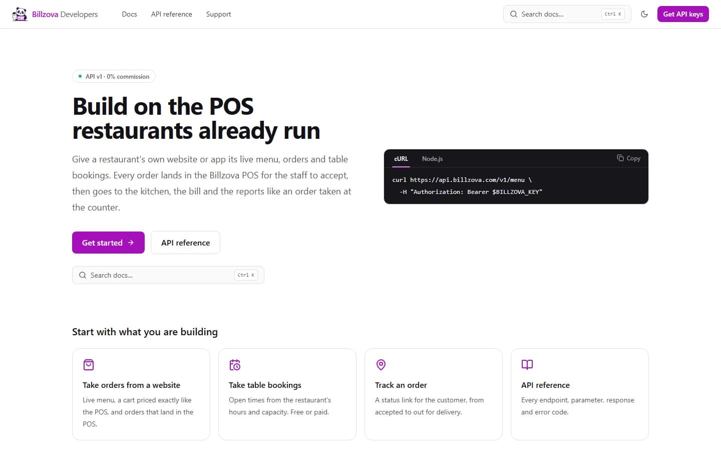 Billzova Developers portal for connecting an existing website