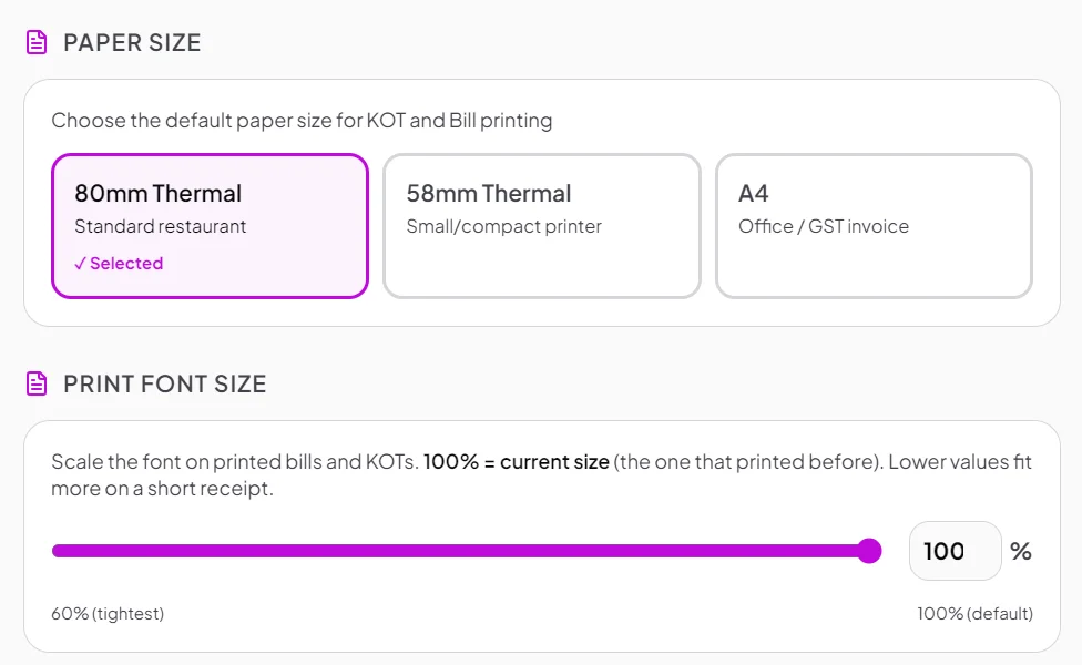 billzova restaurant invoice font paper settings India
