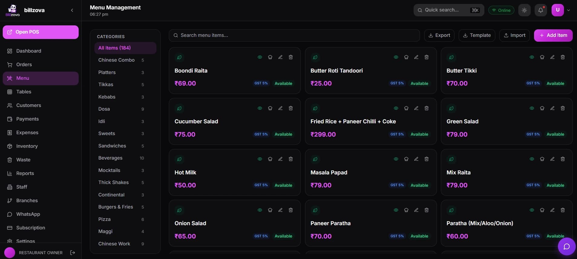 billzova menu management — the same menu customers browse from the QR order page