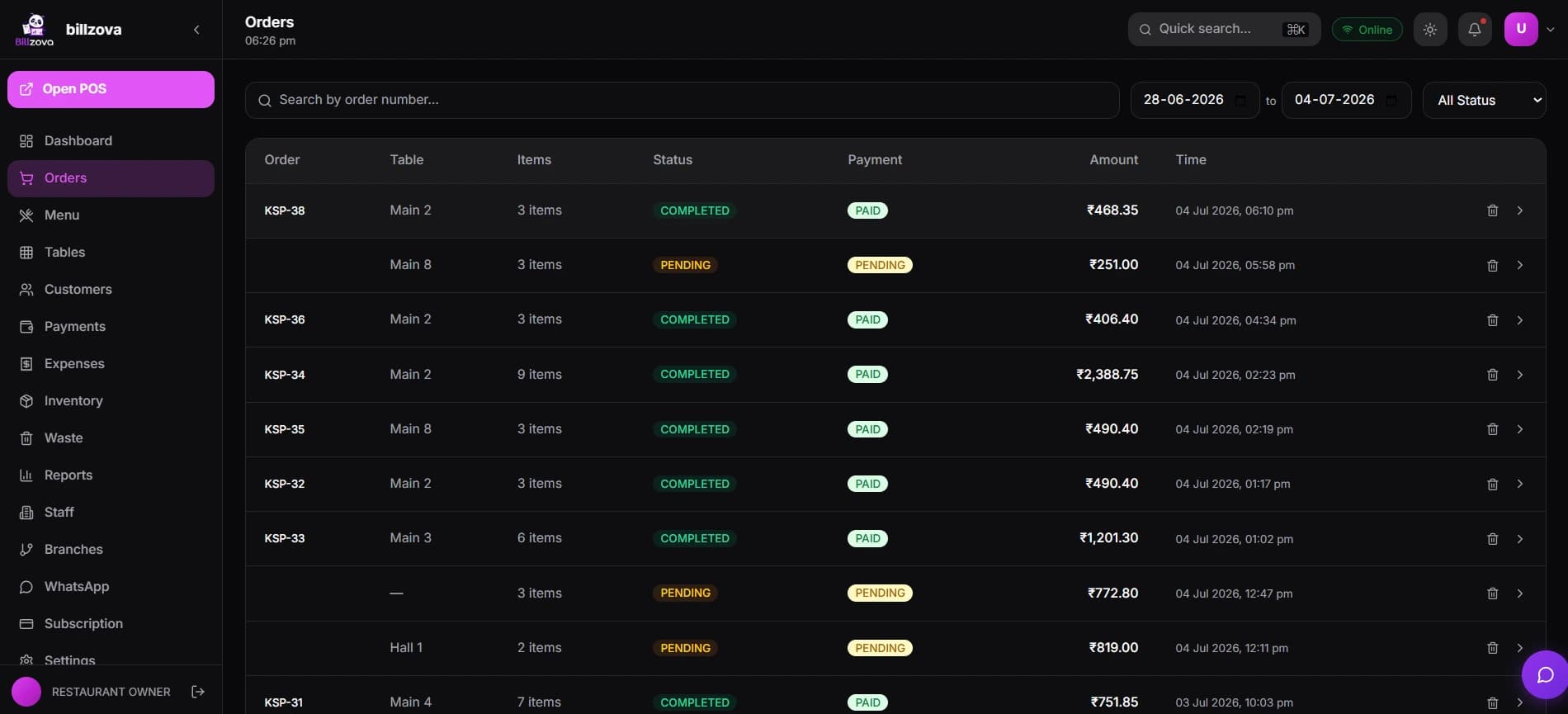 billzova order history — QR self-orders shown alongside every other order