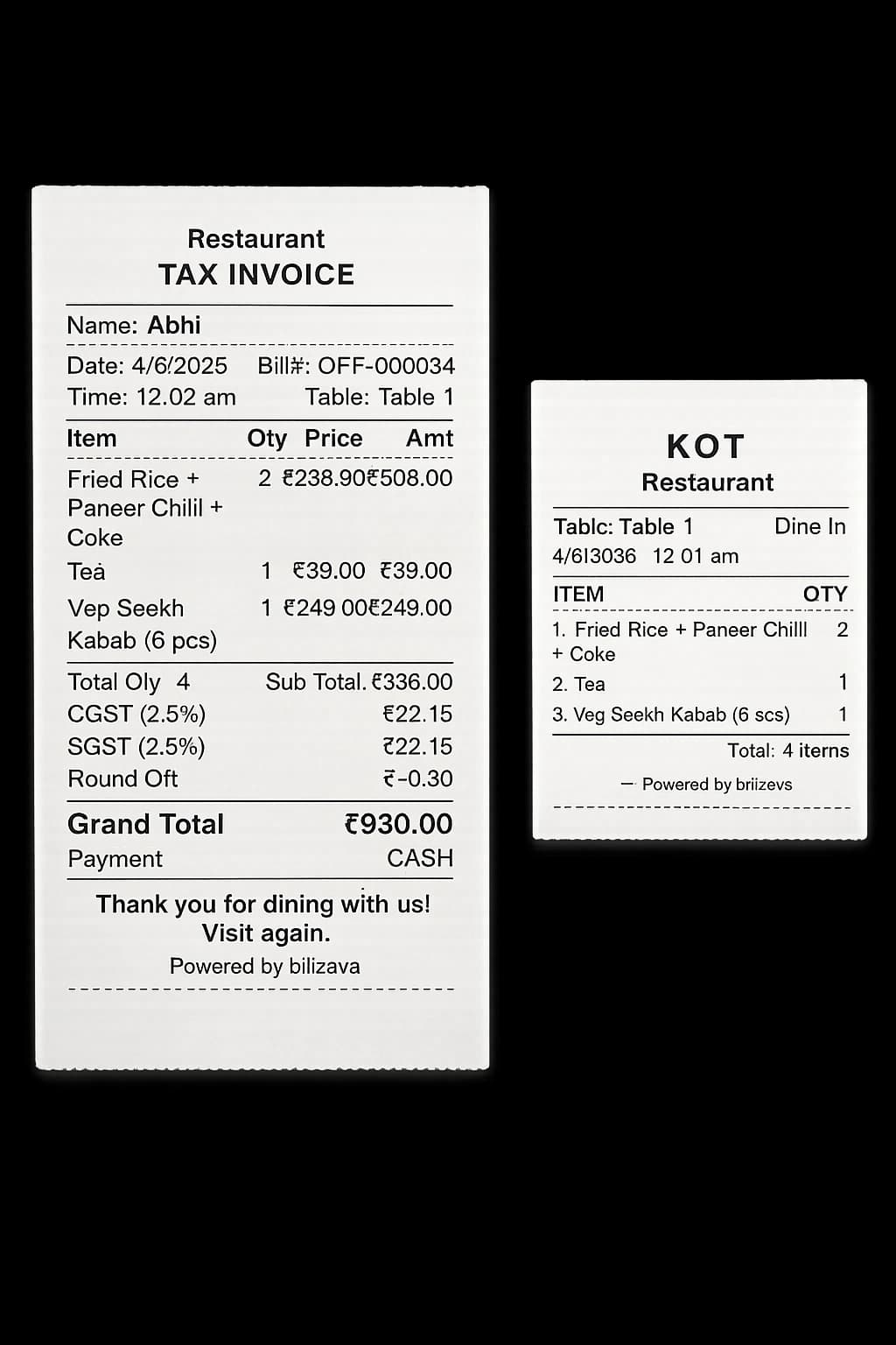 billzova GST bill and KOT printing restaurant India