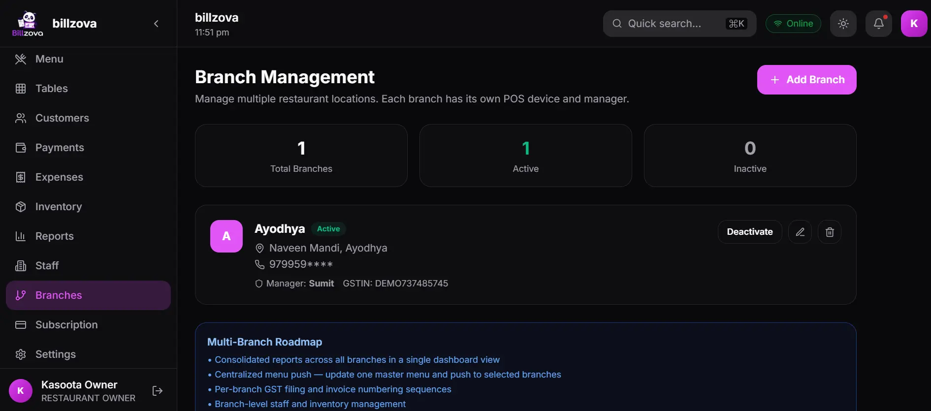 billzova multi-branch management