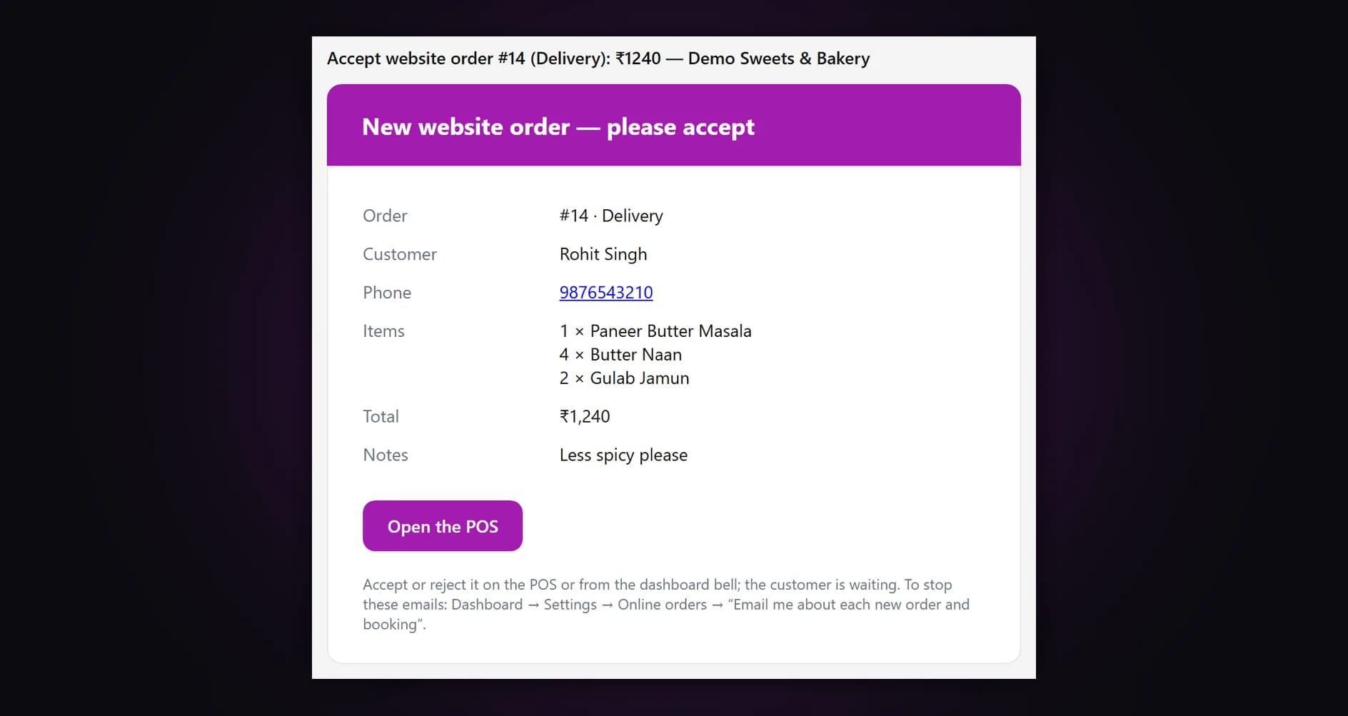 Email to the restaurant owner for a new website delivery order, with items, total and an Open the POS button