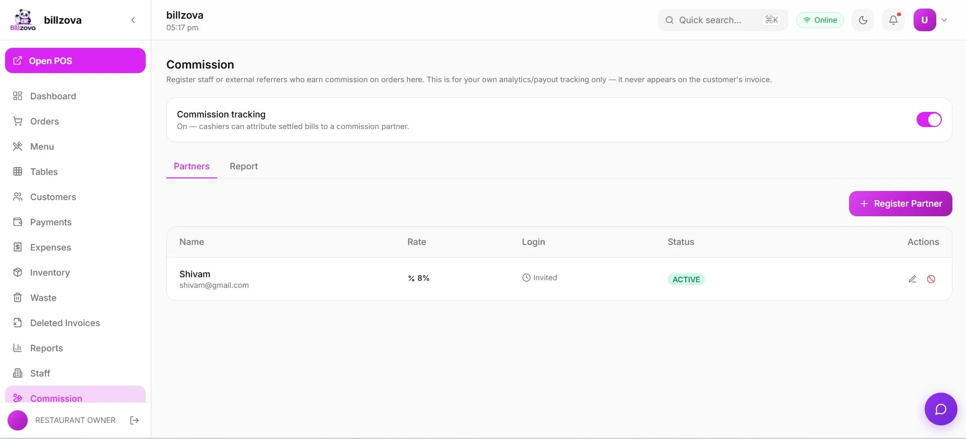 billzova Commission page — registered referral partners with their rate and status
