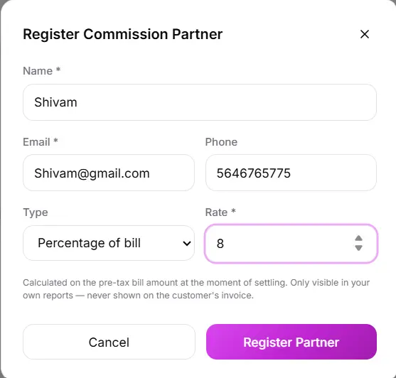 billzova register commission partner — name, email, phone, type and rate