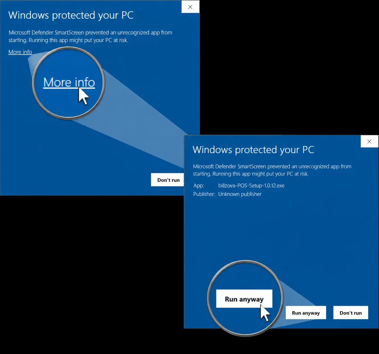 Windows SmartScreen: click More info, then Run anyway to install billzova POS