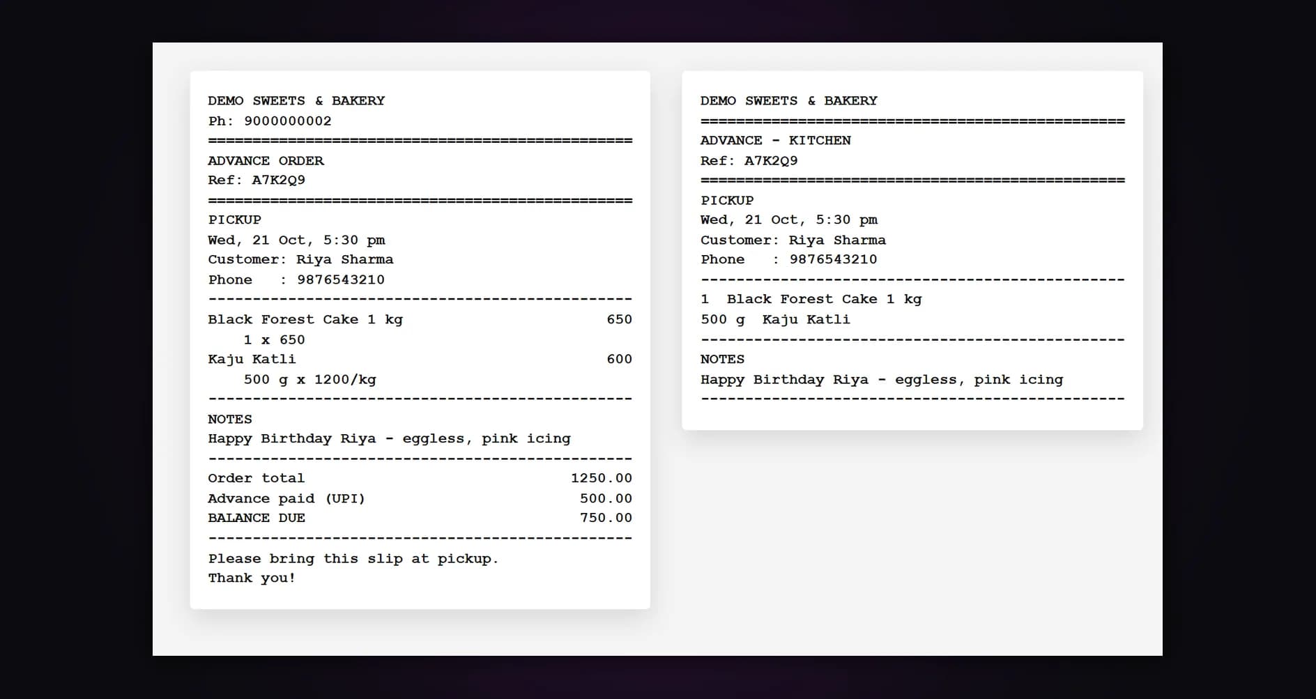 billzova advance order customer slip with booking reference, advance and balance, next to the kitchen copy with notes