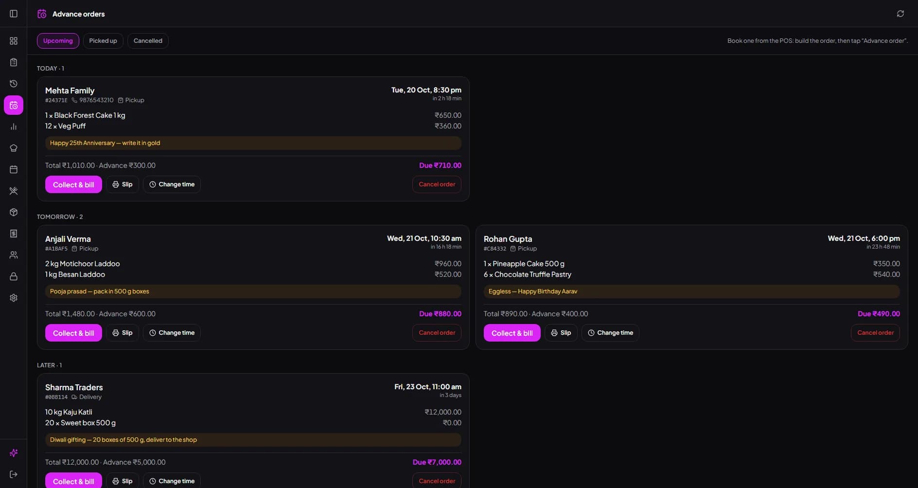 billzova advance orders list grouped by today, tomorrow and later with advance and due amounts