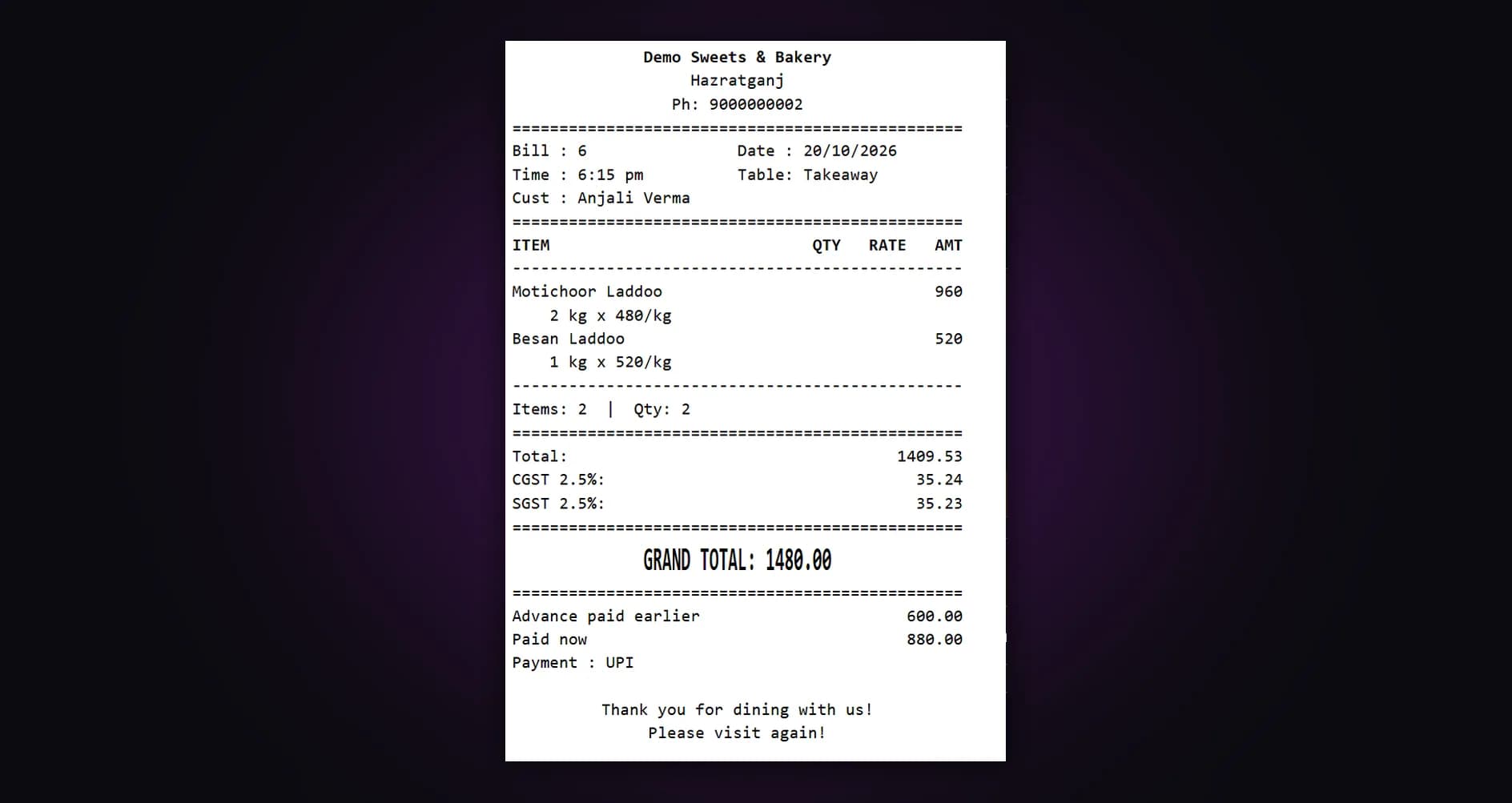 billzova final bill showing the advance paid earlier