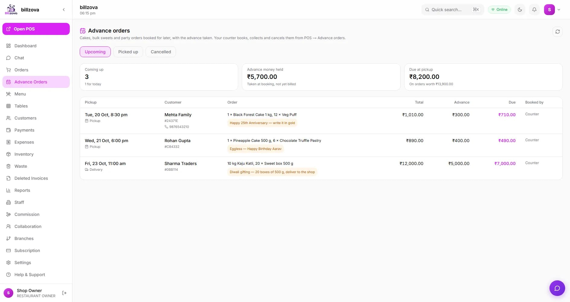 billzova dashboard advance orders with advance money held and due at pickup