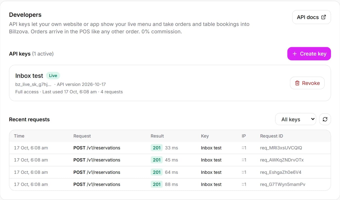 Billzova dashboard showing an API key pinned to version 2026-10-17 and a log of recent API requests with status codes