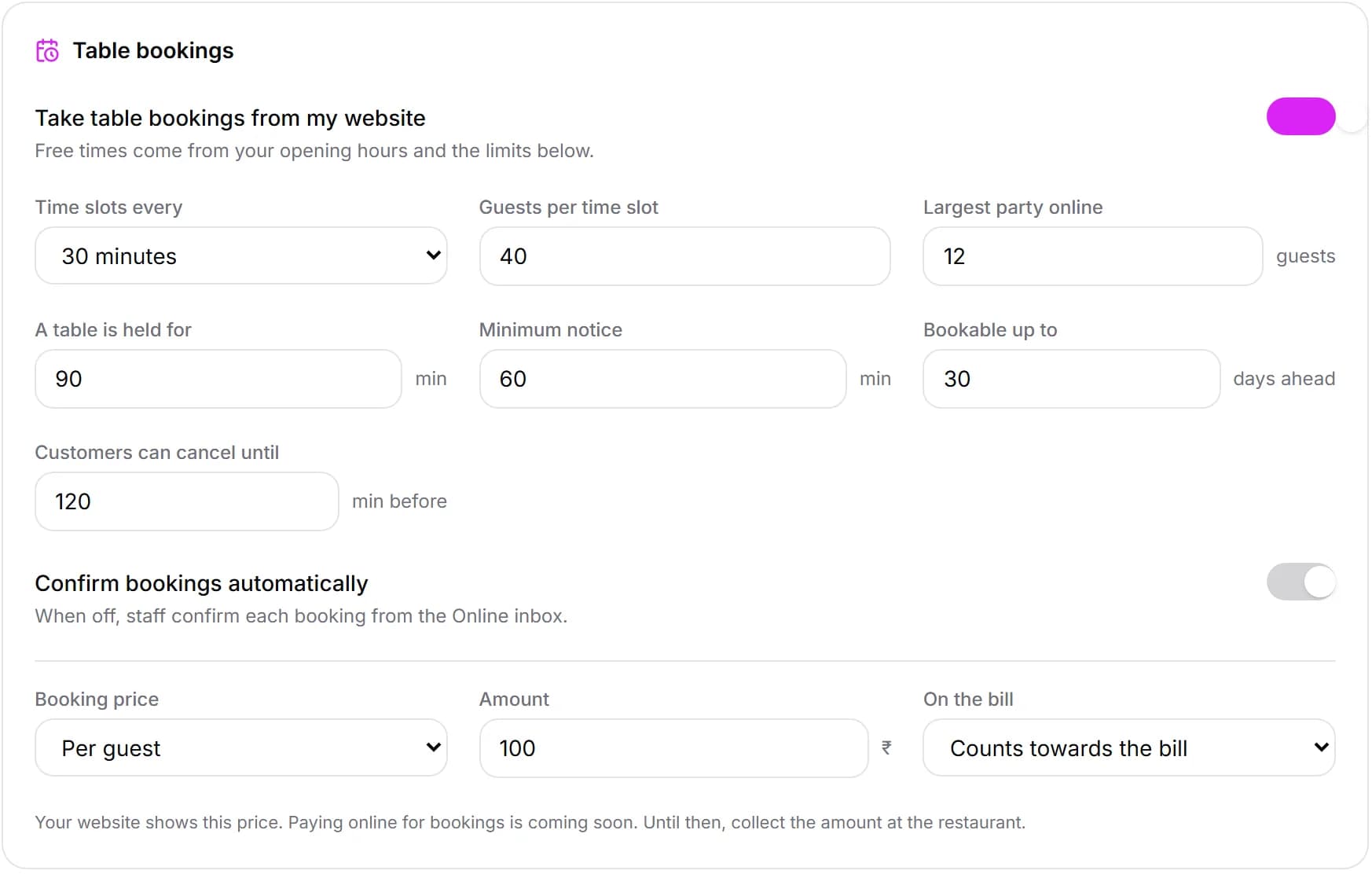 Billzova dashboard table booking settings — time slots, guests per slot, table hold, notice, cancel cut-off and booking price