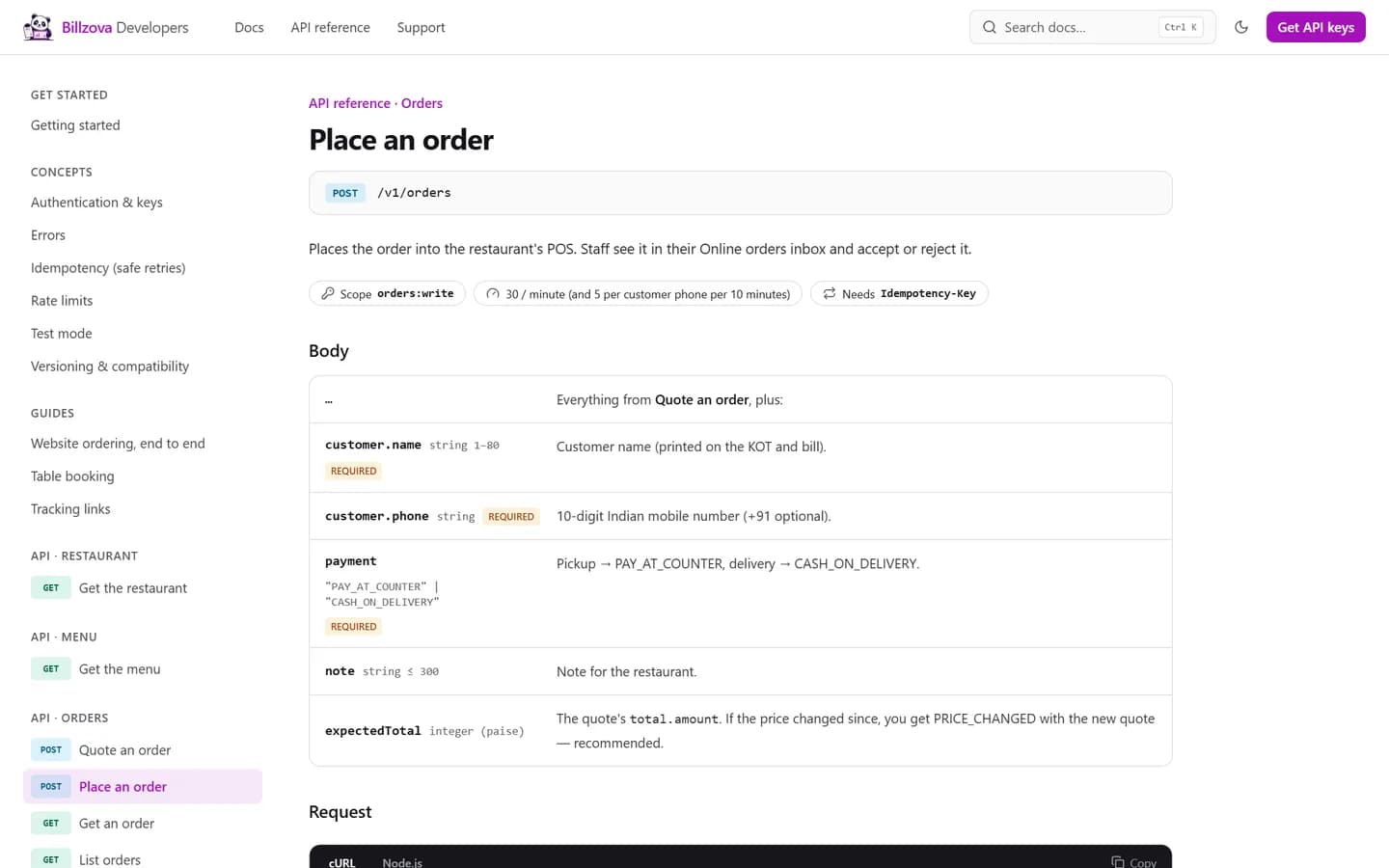 Billzova API reference page for placing an order, with scope, rate limit, idempotency and body fields