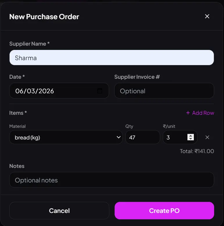billzova purchase order restaurant India