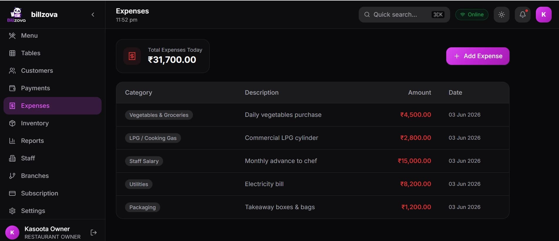 billzova expenses report