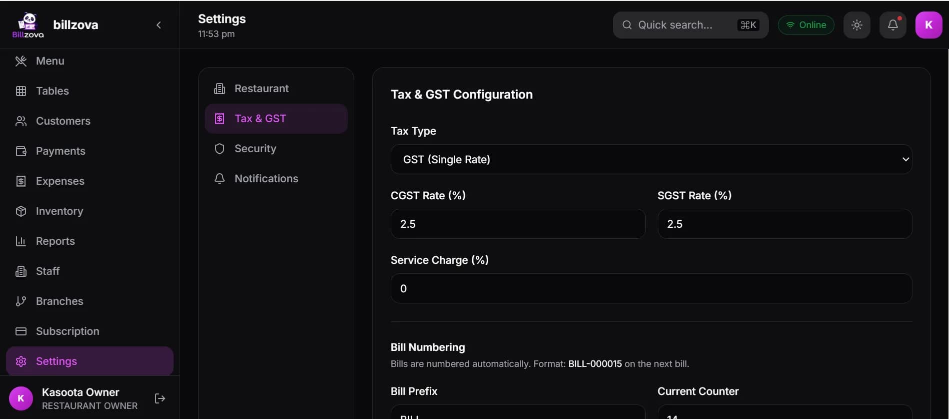 billzova tax and GST settings