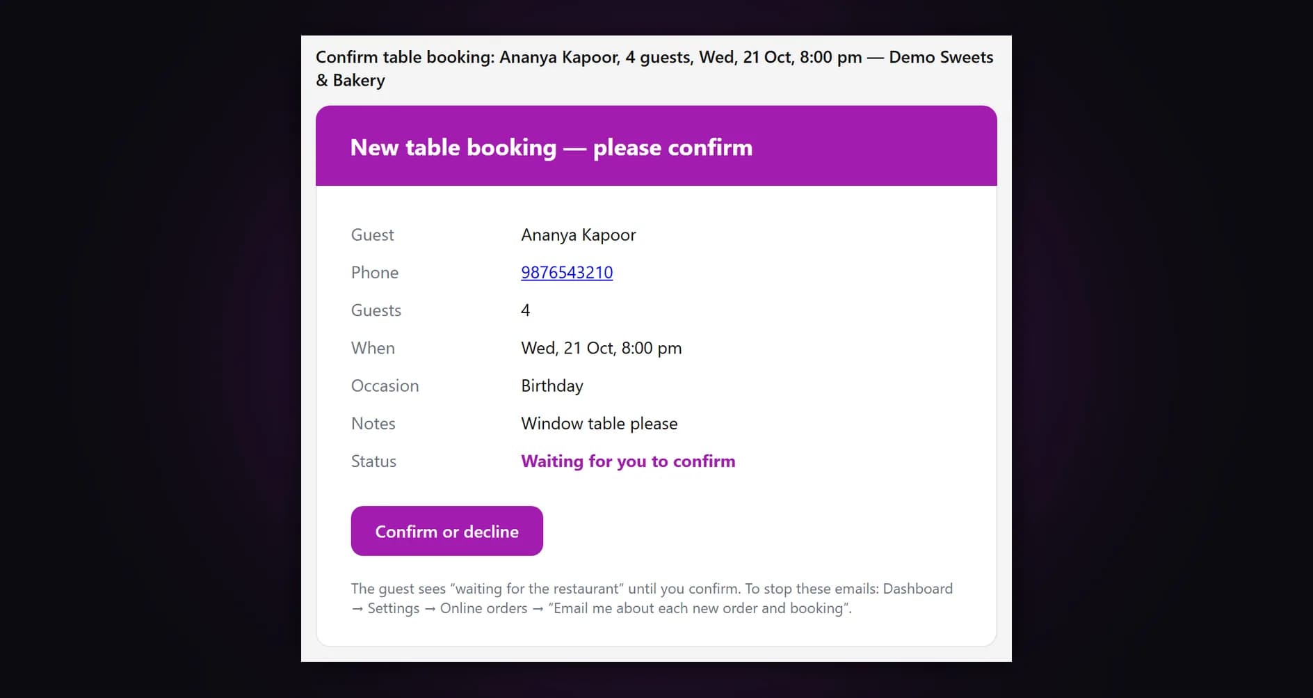 Email to the restaurant owner: new table booking for four guests on a birthday, waiting to confirm, with a Confirm or decline button