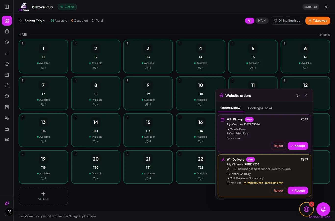 An order placed through the Billzova API arriving in the POS website-orders inbox