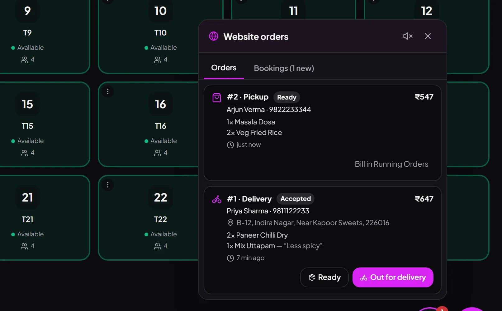 Billzova POS showing a pickup order marked Ready and a delivery order with an Out for delivery button