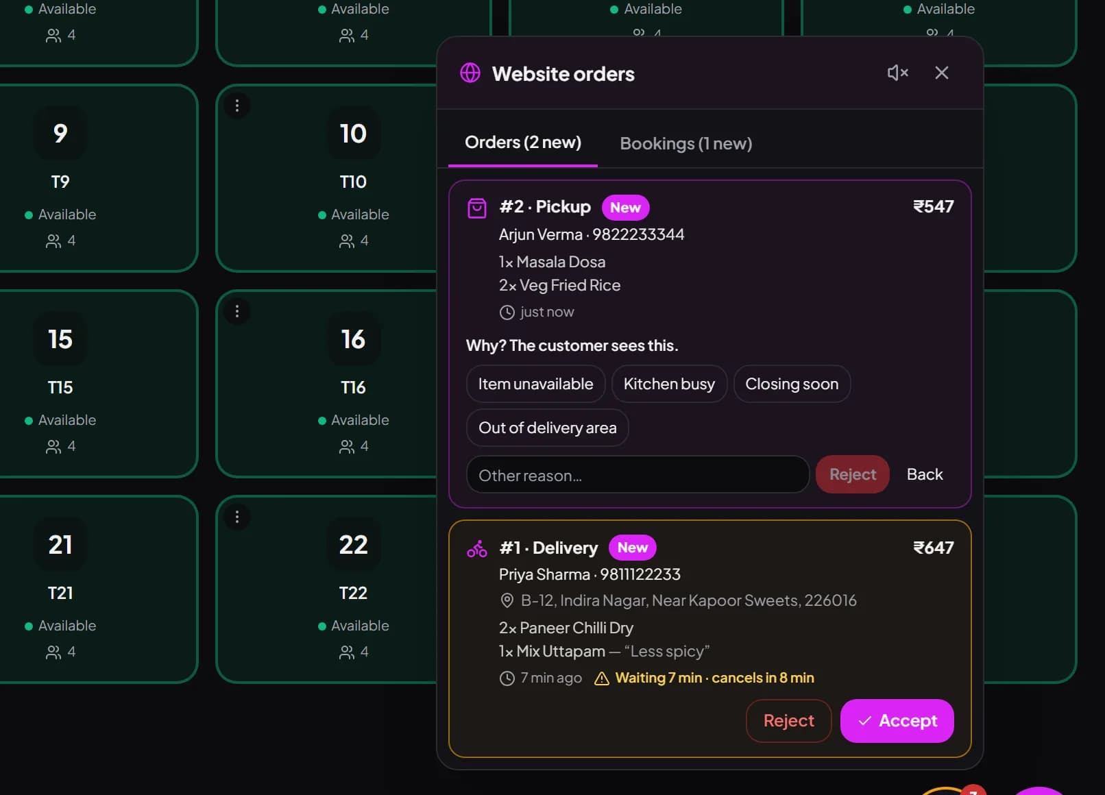 Billzova POS website order waiting 7 minutes with an amber warning and auto-cancel countdown