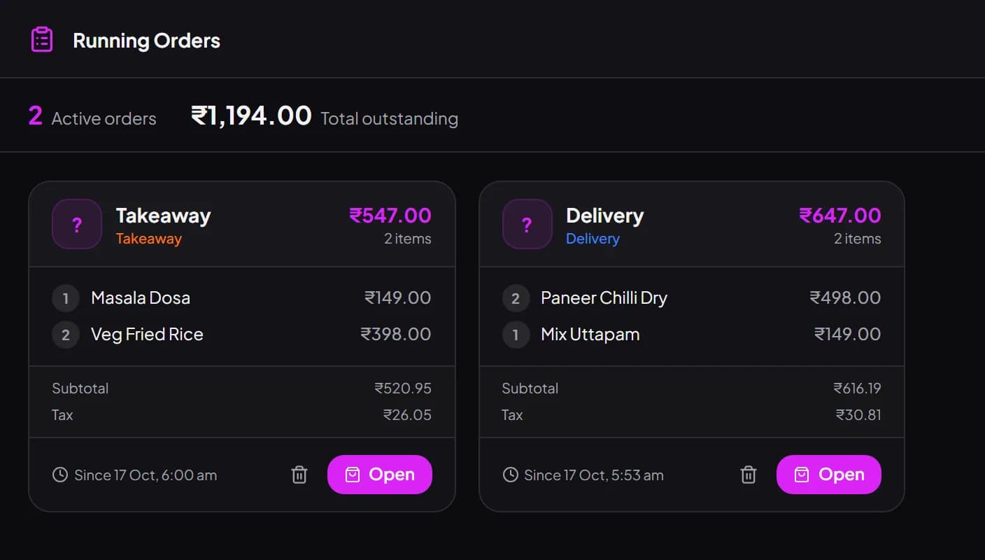 Billzova POS Running Orders showing a website takeaway order and a website delivery order with totals and tax
