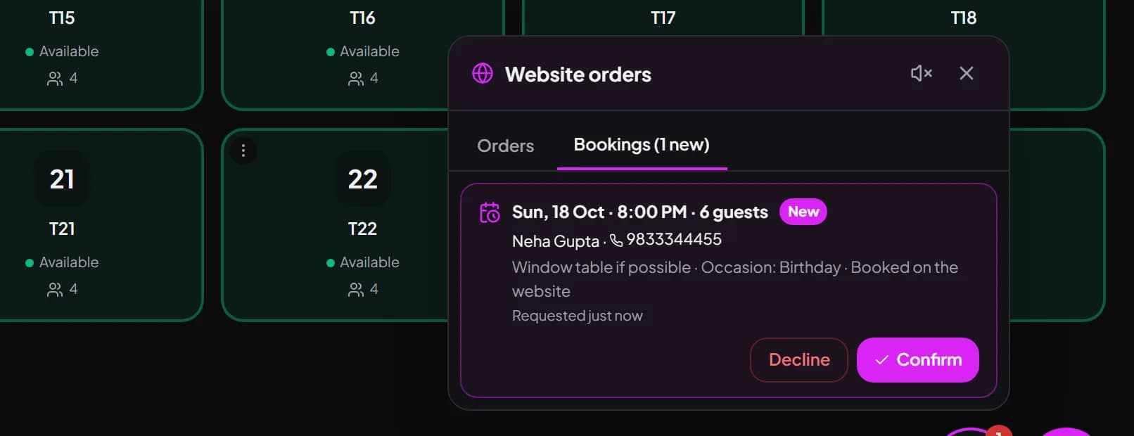 A website table booking for six guests on a birthday waiting for Confirm or Decline in the Billzova POS