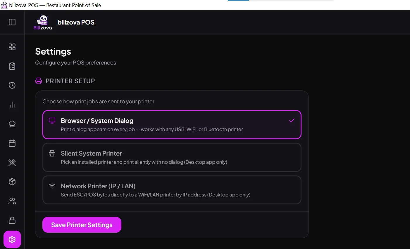 billzova restaurant printer settings configuration India