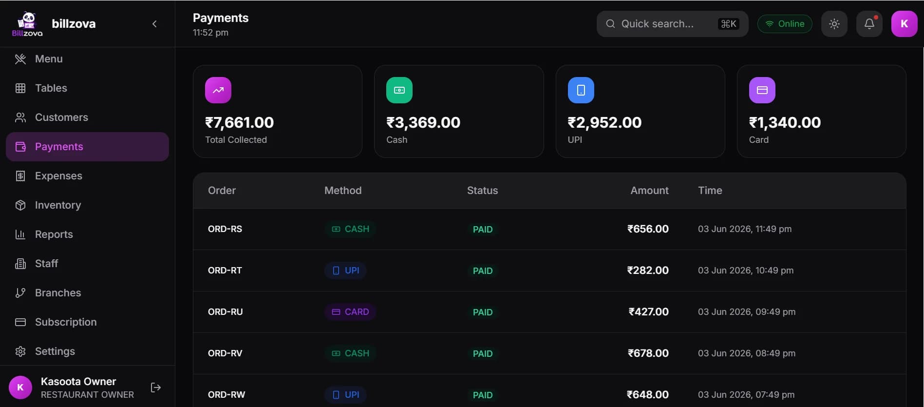 billzova UPI, cash and card payment
