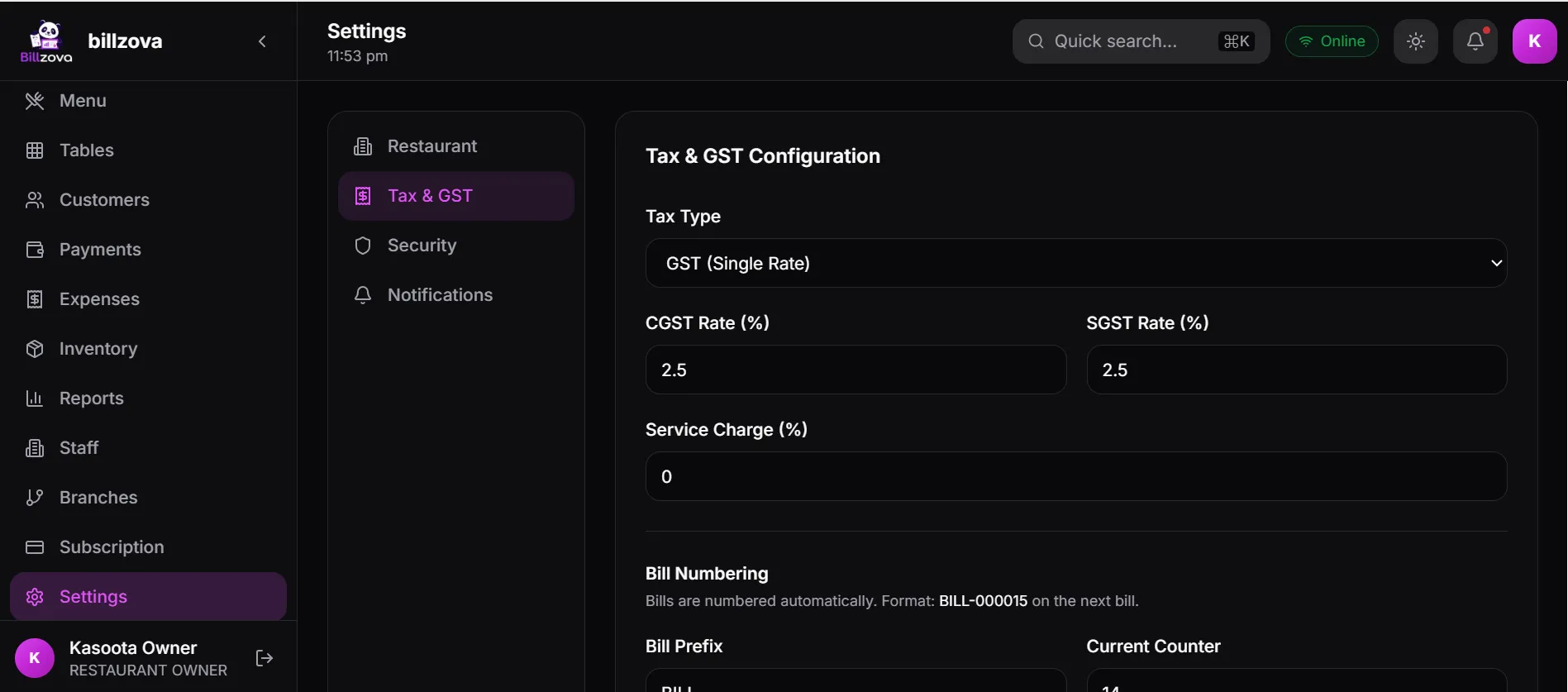 Billzova Tax and GST settings with CGST, SGST, service charge and bill numbering